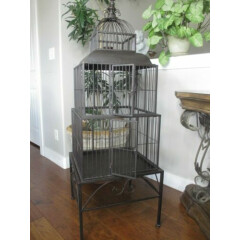 Iron Bird Cage Vtg Ornate Dome Top Spacious Architectural Pyramid Stack on Base 