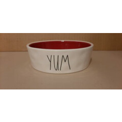 Rae Dunn 5” White Ceramic Bowl Pet Food Dish “YUM” Red Inside 1.5" High