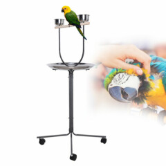 48" Bird Perch Parrot Play Stand Stainless Steel Pet Feeder w/Wheels+Feeder Cups