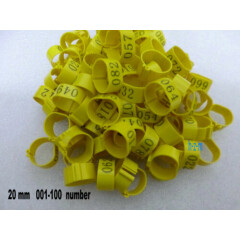 001-100 Numbered Yellow Chicken Leg Bands 20mm Chicken Rings