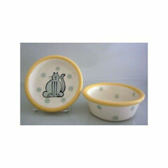 Petware Pottery Cat Food and Water Bowls - White with Yellow Rim and Gray Dots