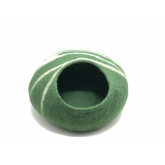 Green Felted Cat Cave With White Stripes - Handmade Cat Bed - From Nepal 