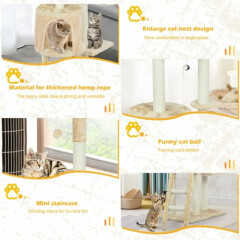 Cat Tree Cat Tower Multi-Level Condo Pet Play House Scratching Sisal Post Beige