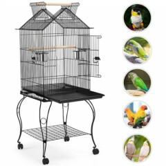 57inch Double Roof Top Bird Cage Metal Open Top Parakeet Cage with Stand, Black