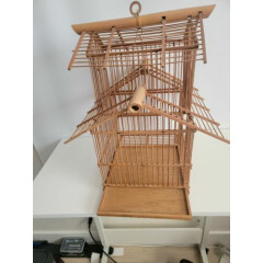 Vintage Large Bamboo Bird Cage Wooden House Shaped 18x18