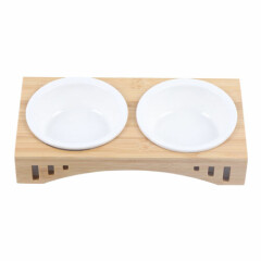  Pet Dog Double Ceramic Bowl Wood-based Non-Spill Feeding Food Plate PetSupplies
