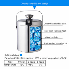 1.3L Stainless Steel Ice Bucket Ice Cube Container Double-walled Insulation 