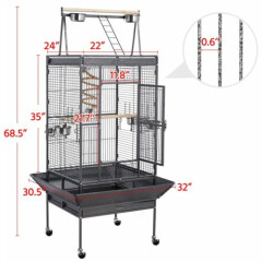 68/61-Inch Large Parrot Bird Cage With Playtop/Rolling Stand/Bungee Rope, Black