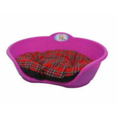 Heavy Duty FUCHSIA PINK Pet Bed With RED TARTAN Cushion UK MADE Dog Cat Basket 