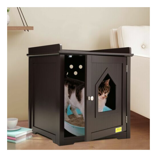 Cat House Enclosed Hidden Litter Box W/Apron Top Cat Hole & Hinged Door Brown image {1}