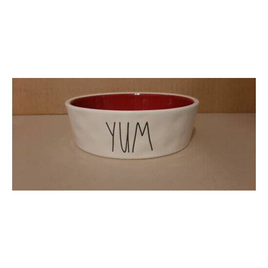 Rae Dunn 5” White Ceramic Bowl Pet Food Dish “YUM” Red Inside 1.5" High image {1}