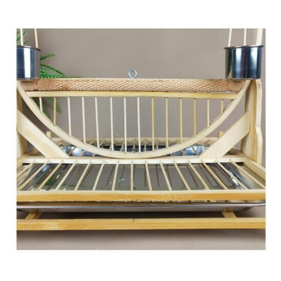 Bamboo Parrot Stand Rack Perch Bird Play Activity Toy Stainless Steel Tray Cup image {3}