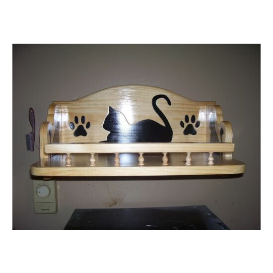 Cat Bed Hanging Wooden with Gallery Rail Handcrafted with cat silhouettes Pine image {2}