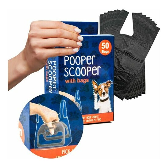 HAND HELD Pet POOPER SCOOPER Poop Scoop with 50 Dog Poo Waste Bags with Ties  image {1}