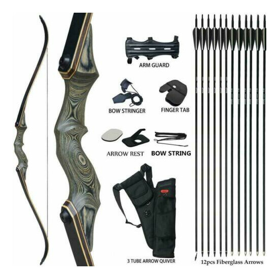 60lbs 60" Archery Recurve Bow Kit Adult Hunting Set Arrows Bags Outdoor Sport Thumb {1}