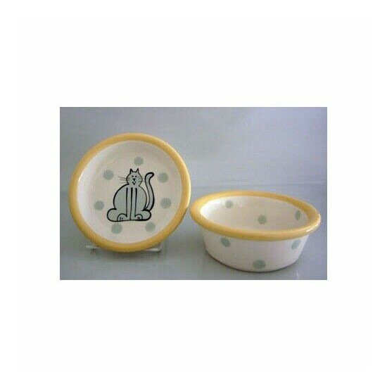 Petware Pottery Cat Food and Water Bowls - White with Yellow Rim and Gray Dots image {1}
