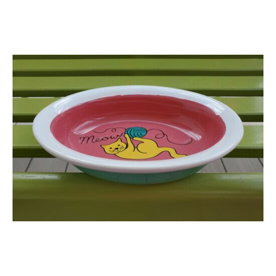 MINT Whisker City MEOW Oval Ceramic Cat Food Bowl or Water Dish Pink Green image {1}