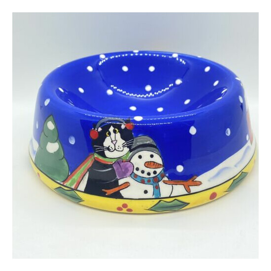 Beautiful Hand Painted Catzilla Winter Holiday Snow Pet Water Feeder Bowl  image {1}