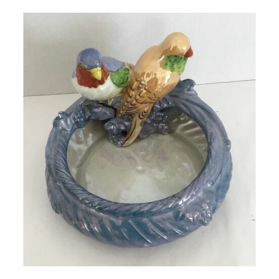 Lusterware Flower Bowl or Bird Bath w/ Parakeet Bungee Birds Japan SEIEI & CO  image {1}