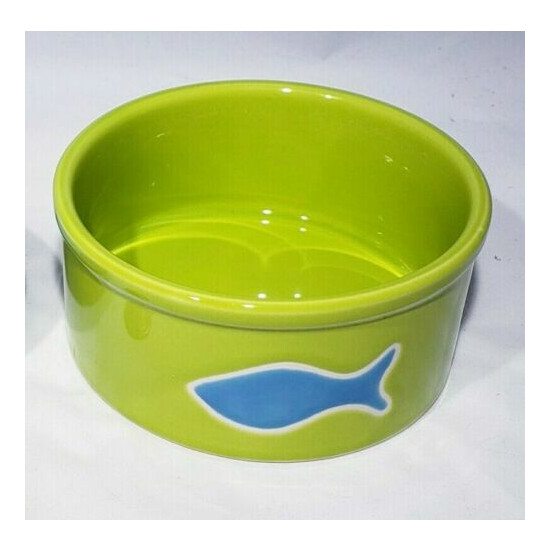 Petrageous Designs Hand Crafted Stoneware Lime Green Cat Bowl Blue Fish 5"x2.25" image {1}