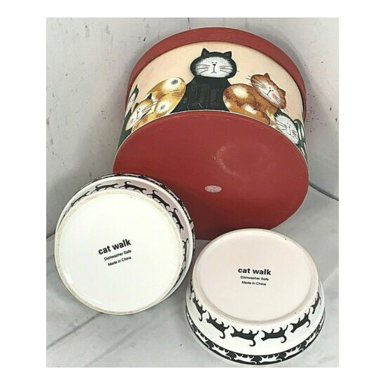 Petco Set of 2 Cat Walk Black White Bowl Dish Ceramic 5" & Storage Box Cats 912 image {2}