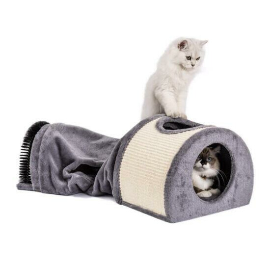 Cat Tunnel Bed Cat House Sisal Scratching Bed with Self Groomer Massager Plush image {1}