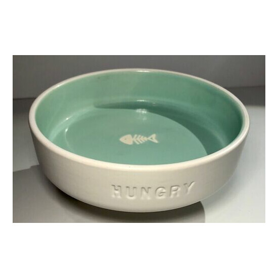 Boots & Barkley Non Skid Stoneware, Cat Bowl Green &White ‘Hungry ‘ 16 oz New image {1}