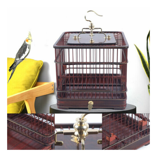 Asian Bird Cage Solid Square Dark Red Wood Carved Wooden Pet Nest Home US image {3}
