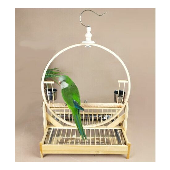 Bamboo Parrot Stand Rack Perch Bird Play Activity Toy Stainless Steel Tray Cup image {1}