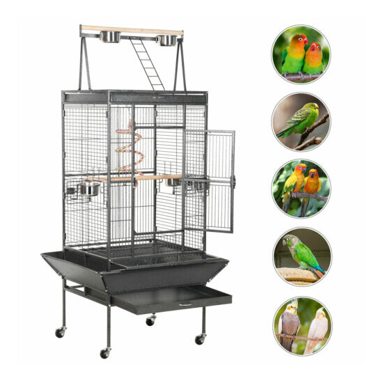 68/61-Inch Large Parrot Bird Cage With Playtop/Rolling Stand/Bungee Rope, Black image {2}