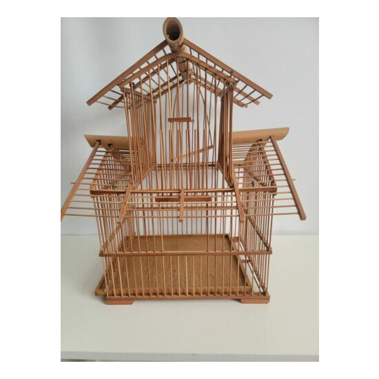Vintage Large Bamboo Bird Cage Wooden House Shaped 18x18 image {1}