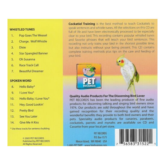 Cockatiel Training Bird Training Audio CD (Teach to Speak, Sing, & Whistle) NEW image {2}