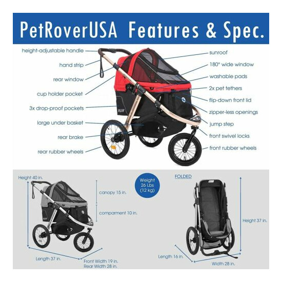 HPZ™ PET ROVER RUN Performance Jogging Sports Stroller for Dogs & Cats - Red image {7}