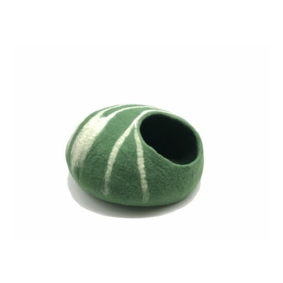 Green Felted Cat Cave With White Stripes - Handmade Cat Bed - From Nepal  Thumb {3}
