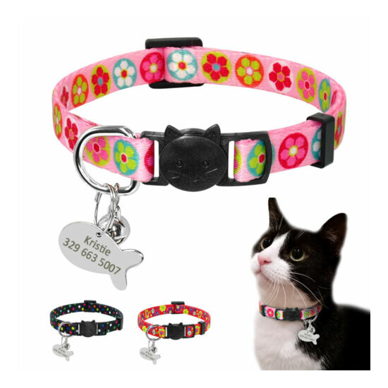 Flowers Print Nylon Personalized Safety Breakaway Cat Collars with Bell Engraved image {1}