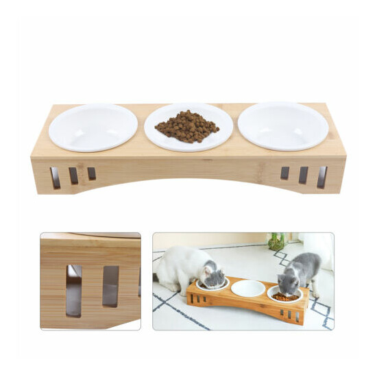 Pet Gift Cat Dog Ceramics Feeding Bowl Water Food Dish Feeder w/ Bamboo Station image {1}