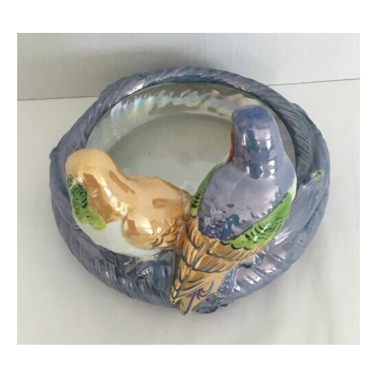 Lusterware Flower Bowl or Bird Bath w/ Parakeet Bungee Birds Japan SEIEI & CO  image {3}