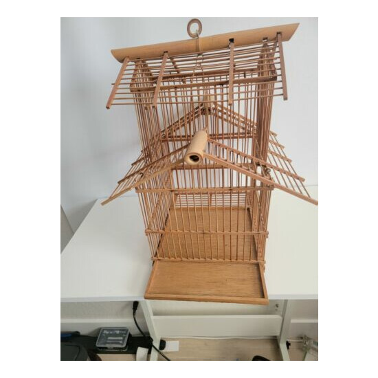 Vintage Large Bamboo Bird Cage Wooden House Shaped 18x18 image {3}