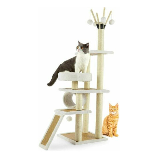 56" Beige Kitten Cat Tree Tower Condo Furniture Scratching Kitty Pet Play House| image {2}