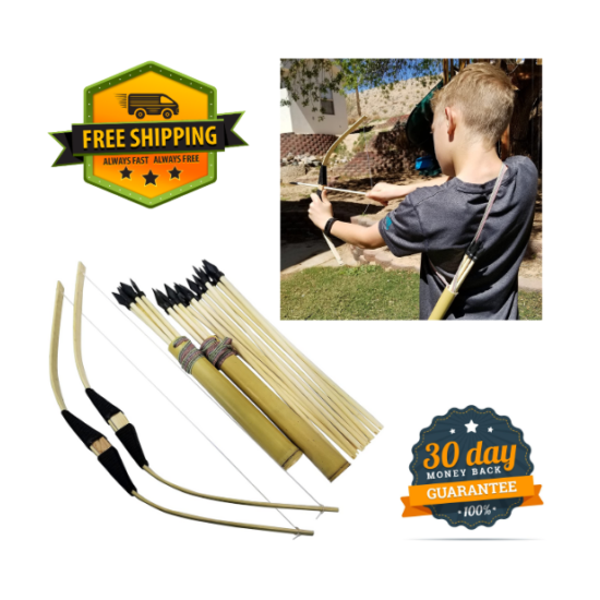 2-Pack Handmade Wooden Bow Rubber Tip Arrow Quiver Set Archery Outdoor Play Toy Thumb {1}
