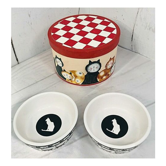 Petco Set of 2 Cat Walk Black White Bowl Dish Ceramic 5" & Storage Box Cats 912 image {1}
