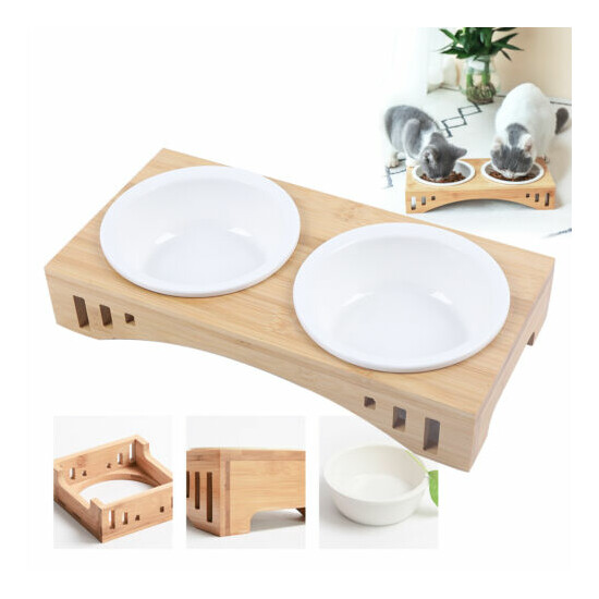  Pet Dog Double Ceramic Bowl Wood-based Non-Spill Feeding Food Plate PetSupplies image {1}