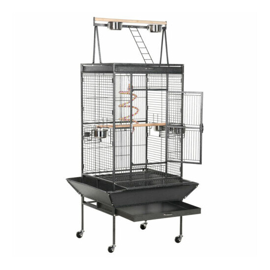 68/61-Inch Large Parrot Bird Cage With Playtop/Rolling Stand/Bungee Rope, Black image {1}