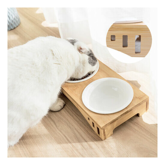  Pet Dog Double Ceramic Bowl Wood-based Non-Spill Feeding Food Plate PetSupplies image {2}