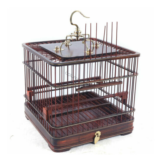 Large Bird Cage Square Rosewood & Bamboo Handmade Cage Exquisite with Drawer USA image {7}