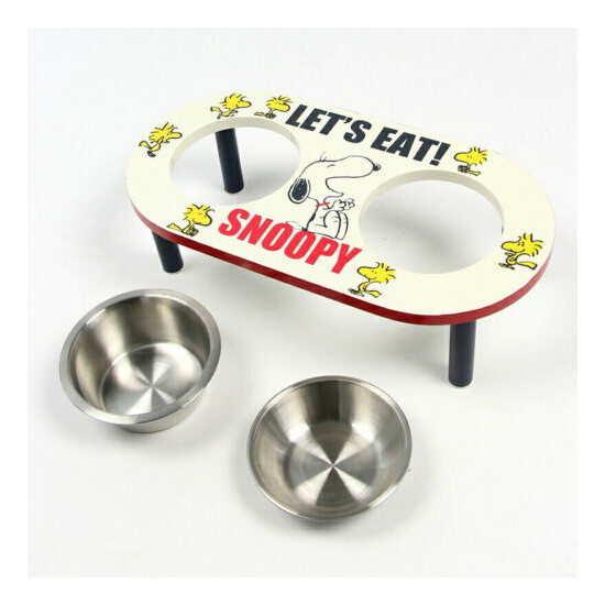 PEANUTS Snoopy Double Food Bowl Wooden Dog Feeder Stand Tableware Red JAPAN NEW image {3}