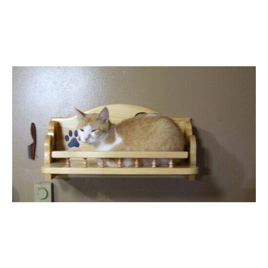 Cat Bed Hanging Wooden with Gallery Rail Handcrafted with cat silhouettes Pine image {1}