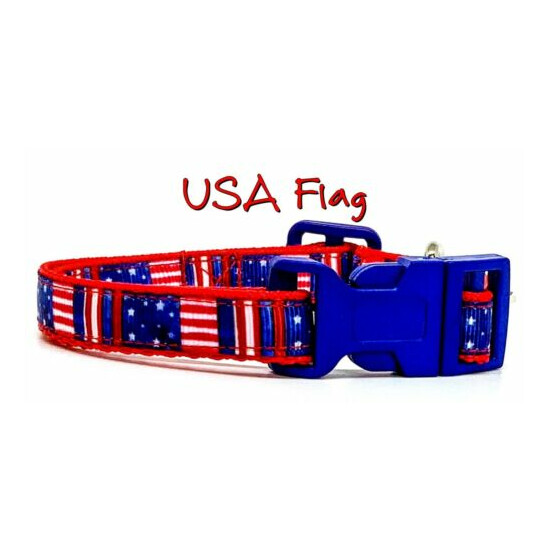 USA Flag cat or small dog collar 1/2" wide adjustable handmade bell or leash image {1}