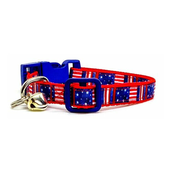 USA Flag cat or small dog collar 1/2" wide adjustable handmade bell or leash image {2}