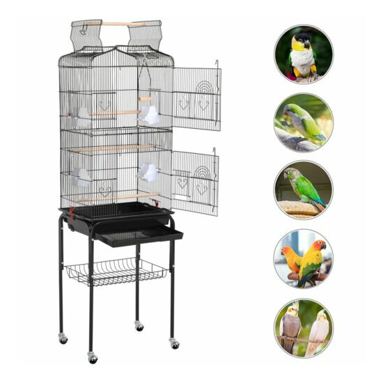 64" H Open Top Metal Bird Cage for Lovebirds Parrots Parakeets w/ Rolling Stand image {3}